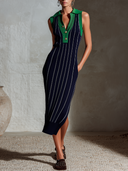 Women's French Elegant Casual Style Sleeveless Ribbed Knit Polo Midi Dress With Color-Block & Stripes ZMZ0615E3YZH