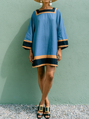 Women's Casual Vacation-Style Cotton-Linen Blend, Paneled Design, Square Neck, Short Sleeves, And Loose Fit Mini Dress ZMZ0789E8ZYY