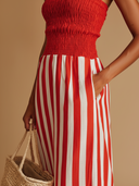 Women's Casual Style Cotton-Blend Smocked Stripe Strapless Midi Dress With Detachable Clear Straps ZMZ0663E1YZH