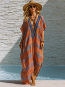 Women's Plaid Vacation V-neck Short-sleeved Maxi Dress ZMZ0799E6XT