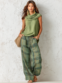 Women's Vintage-Inspired Casual Chic Sleeveless Top And Plaid Trousers Set ZMZ0756E6ZJY