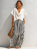 Women's Retro Casual Cotton Linen Tub Neck Short-Sleeve Top And Striped Trousers Set ZMZ0796E6ZJY