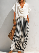 Women's Retro Casual Cotton Linen Tub Neck Short-Sleeve Top And Striped Trousers Set ZMZ0796E6ZJY