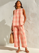 Women's Retro Casual Color Block Plaid Cotton Linen Sleeveless Top And Pants Set ZMZ0739E0ZJY