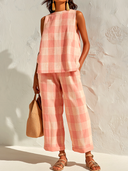 Women's Retro Casual Color Block Plaid Cotton Linen Sleeveless Top And Pants Set ZMZ0739E0ZJY