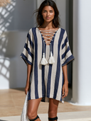 Women's Casual Resort-Style Cotton-Linen  — Vertical Stripes, V-Neck, Short Sleeve, Loose Fit Mini Dress ZMZ0712E9ZYY