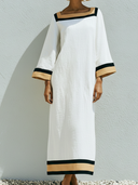 Women's Casual Vacation-Style Cotton-Linen Blend Patchwork Dress — Loose-Fit, Short-Sleeve, Square Neck Maxi Dress ZMZ0798E6ZYY