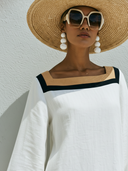 Women's Casual Vacation-Style Cotton-Linen Blend Patchwork Dress — Loose-Fit, Short-Sleeve, Square Neck Maxi Dress ZMZ0798E6ZYY