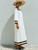 Women's Casual Vacation-Style Cotton-Linen Blend Patchwork Dress — Loose-Fit, Short-Sleeve, Square Neck Maxi Dress ZMZ0798E6ZYY
