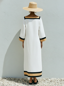 Women's Casual Vacation-Style Cotton-Linen Blend Patchwork Dress — Loose-Fit, Short-Sleeve, Square Neck Maxi Dress ZMZ0798E6ZYY