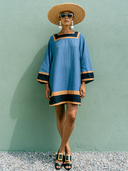 Women's Casual Vacation-Style Cotton-Linen Blend, Paneled Design, Square Neck, Short Sleeves, And Loose Fit Mini Dress ZMZ0789E8ZYY