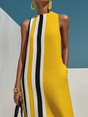 Women's Casual Vacation-Style Cotton-Linen Blend — Contrast Print, Round Neck, Sleeveless Maxi Dress ZMZ0734E5ZYY