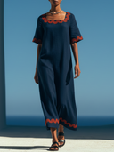 Women's Minimalist Casual Style Linen-Cotton Blend Red Scalloped Embroidery Maxi Dress ZMZ0815E9YZH