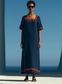Women's Minimalist Casual Style Linen-Cotton Blend Red Scalloped Embroidery Maxi Dress ZMZ0815E9YZH