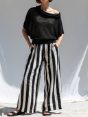 Women's Casual Minimalist Style Cotton-Yarn Knit Top & Linen-Blend Striped Pants Two-Piece Set ZMZ0847E4YZH