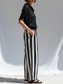Women's Casual Minimalist Style Cotton-Yarn Knit Top & Linen-Blend Striped Pants Two-Piece Set ZMZ0847E4YZH