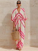 Women's Resort Striped Print V-Neck Short-Sleeve Skirt Two-Piece Set ZMZ0863E3XT