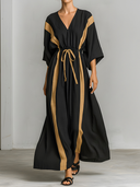 Women's Premium Minimalist Color-Block Cotton-Linen V-Neck, Short Sleeve Maxi Dress ZMZ0898E9ZYY