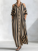 Women's Premium Minimalist Black & Camel Color-Block Vertical Striped Cotton-Linen Off-Shoulder Short-Sleeve Loose Maxi Dress ZMZ0897E2ZYY