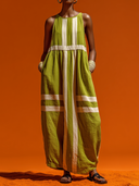 Women's Vacation-Style Green & White Striped, Cotton-Linen Crew Neck, Sleeveless Loose-Fit Maxi Dress ZMZ0827E9ZYY