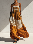 Women's Casual Vacation-Style Ribbed & Cotton-Linen Paneled Maxi Sundress ZMZ0866E5ZYY