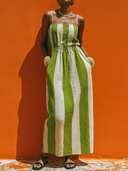 Women's Vacation-Style Green And White Striped Cotton-Linen Sleeveless Spaghetti Straps Maxi Dress  ZMZ0881E0ZYY
