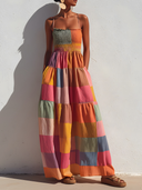 Women's Casual Vacation-Style Colorful Plaid Cotton-Linen Maxi Sundress ZMZ0858E6ZYY