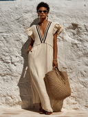 Women's Vacation-Style Loose-Fit V-Neck Cotton-Linen Maxi Dress ZMZ0781E4XT