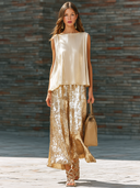 Women's Retro Elegant Sparkling Sequin Sleeveless Top And Skirt Set ZMZ0846E5ZJY