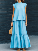 Women's Retro Casual Elegant Ruffled Cotton Linen Sleeveless Top And Skirt Set ZMZ0838E6ZJY