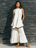 Women's Retro Casual Striped Cotton Linen Sleeveless Top And Skirt Set ZMZ0894E5ZJY