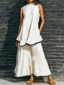 Women's Retro Casual Striped Cotton Linen Sleeveless Top And Skirt Set ZMZ0894E5ZJY