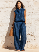 Women's Retro Casual Cotton Linen Striped Print Sleeveless Top And Pants Set ZMZ0862E2ZJY