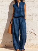 Women's Retro Casual Cotton Linen Striped Print Sleeveless Top And Pants Set ZMZ0862E2ZJY