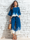 Women's Retro Casual Cotton Linen Gradient Print Short-Sleeve Top And Pants Set ZMZ0841E4ZJY
