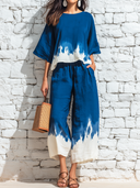 Women's Retro Casual Cotton Linen Gradient Print Short-Sleeve Top And Pants Set ZMZ0841E4ZJY