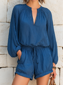 Women's Retro Casual Cotton Linen Striped Long-Sleeved Top And Shorts Set ZMZ0807E8ZJY