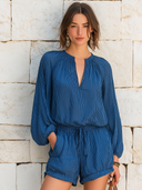 Women's Retro Casual Cotton Linen Striped Long-Sleeved Top And Shorts Set ZMZ0807E8ZJY