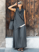 Women's Retro Casual Street Style Cotton Linen Sleeveless Top And Skirt Set ZMZ0889E1ZJY
