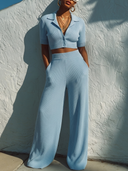 Women's Casual Chic Cotton-Yarn Knit Ribbed Crop Top & Wide-Leg Pants Two-Piece Set ZMZ0880E5YZH