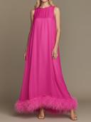 Women's Premium Minimalist Sleeveless  With Satin-Paneled, Faux Fur-Trimmed Hem Maxi Dress ZMZ0855E9ZYY
