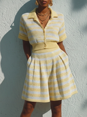 Women's Retro Casual Coastal Style Cotton-Yarn Knit Striped Polo Two-Piece Set ZMZ0875E1YZH