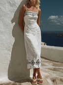 Women's Vacation Style Linen-Cotton Blend Striped Embroidered Midi Dress ZMZ0819E6YZH