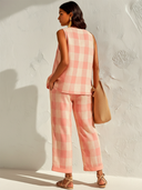 Women's Retro Casual Color Block Plaid Cotton Linen Sleeveless Top And Pants Set ZMZ0739E0ZJY