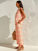 Women's Retro Casual Color Block Plaid Cotton Linen Sleeveless Top And Pants Set ZMZ0739E0ZJY