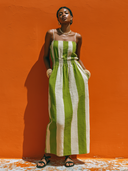 Women's Vacation-Style Green And White Striped Cotton-Linen Sleeveless Spaghetti Straps Maxi Dress  ZMZ0881E0ZYY