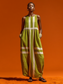 Women's Vacation-Style Green & White Striped, Cotton-Linen Crew Neck, Sleeveless Loose-Fit Maxi Dress ZMZ0827E9ZYY
