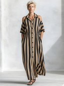 Women's Premium Minimalist Black & Camel Color-Block Vertical Striped Cotton-Linen Off-Shoulder Short-Sleeve Loose Maxi Dress ZMZ0897E2ZYY
