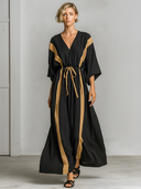 Women's Premium Minimalist Color-Block Cotton-Linen V-Neck, Short Sleeve Maxi Dress ZMZ0898E9ZYY