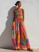 Women's Casual Vacation-Style Colorful Plaid Cotton-Linen Maxi Sundress ZMZ0858E6ZYY